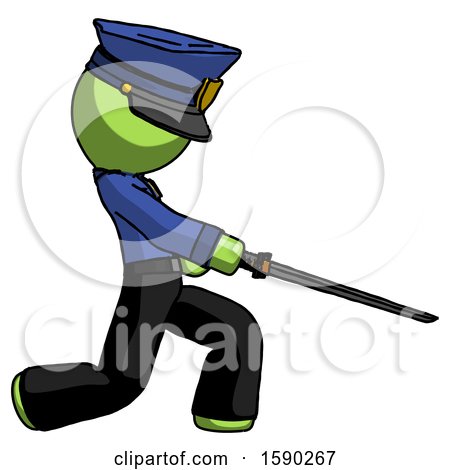 Green Police Man with Ninja Sword Katana Slicing or Striking Something by Leo Blanchette