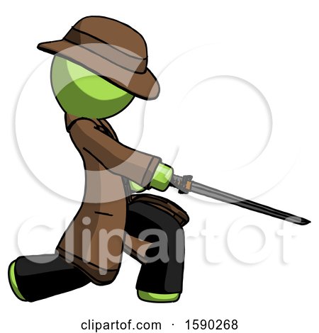 Green Detective Man with Ninja Sword Katana Slicing or Striking Something by Leo Blanchette