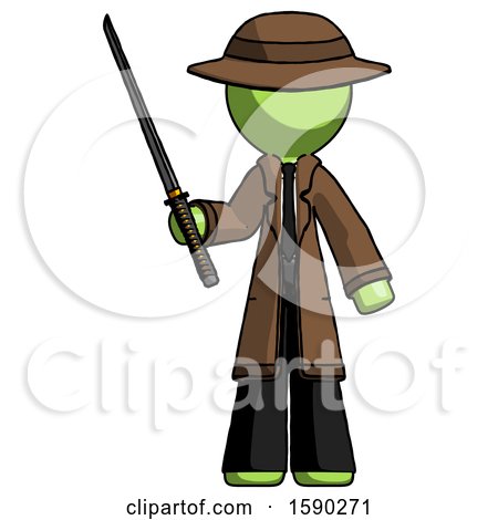 Green Detective Man Standing up with Ninja Sword Katana by Leo Blanchette
