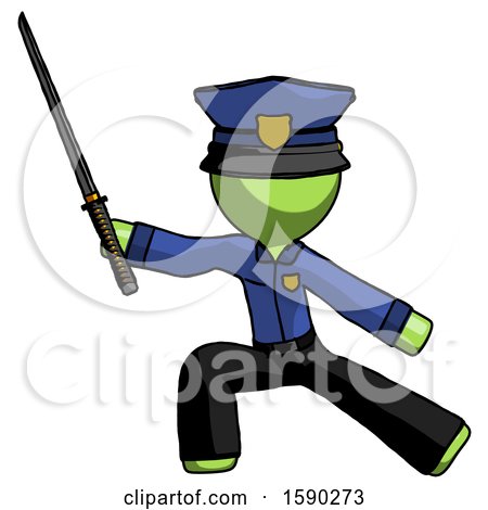 Green Police Man with Ninja Sword Katana in Defense Pose by Leo Blanchette