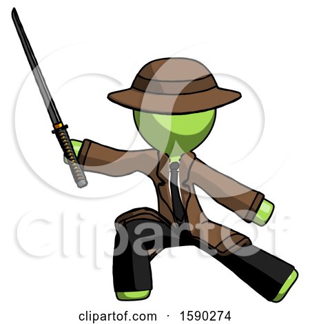 Green Detective Man with Ninja Sword Katana in Defense Pose by Leo Blanchette