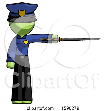 Green Police Man Standing with Ninja Sword Katana Pointing Right by Leo Blanchette