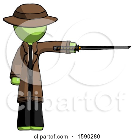 Green Detective Man Standing with Ninja Sword Katana Pointing Right by Leo Blanchette