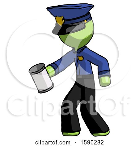 Green Police Man Begger Holding Can Begging or Asking for Charity Facing Left by Leo Blanchette