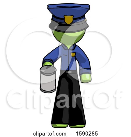 Green Police Man Begger Holding Can Begging or Asking for Charity by Leo Blanchette