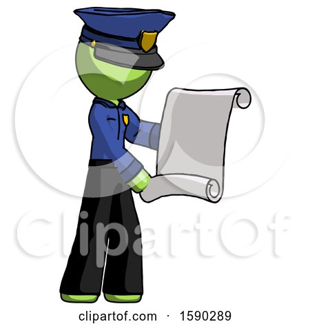 Green Police Man Holding Blueprints or Scroll by Leo Blanchette