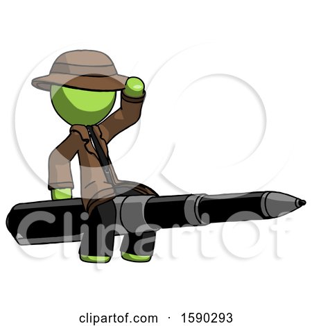 Green Detective Man Riding a Pen like a Giant Rocket by Leo Blanchette