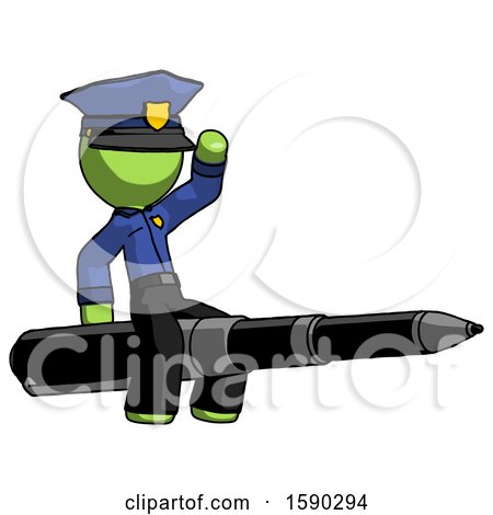Green Police Man Riding a Pen like a Giant Rocket by Leo Blanchette