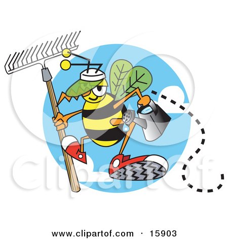 Worker Bee Carrying A Rake And Watering Can And Ready To Work In A Garden Clipart Illustration by Andy Nortnik