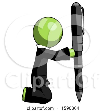 Green Clergy Man Posing with Giant Pen in Powerful yet Awkward Manner. by Leo Blanchette