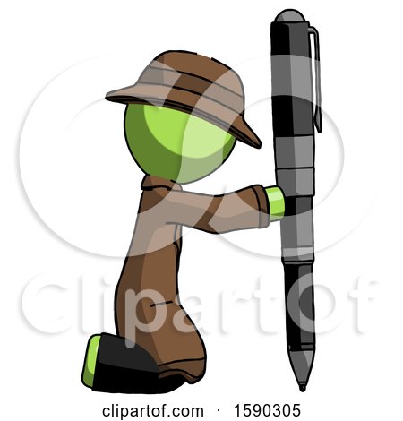Green Detective Man Posing with Giant Pen in Powerful yet Awkward Manner. by Leo Blanchette