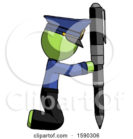 Green Police Man Posing with Giant Pen in Powerful yet Awkward Manner. by Leo Blanchette