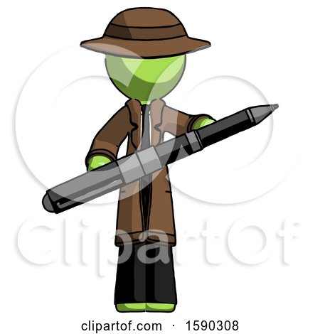 Green Detective Man Posing Confidently with Giant Pen by Leo Blanchette