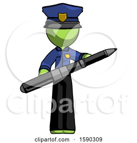 Green Police Man Posing Confidently with Giant Pen by Leo Blanchette