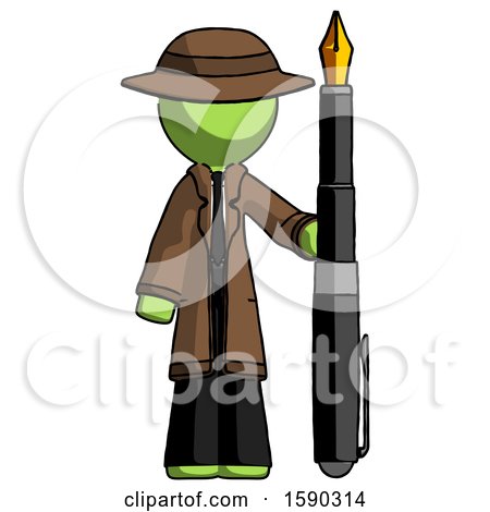 Green Detective Man Holding Giant Calligraphy Pen by Leo Blanchette
