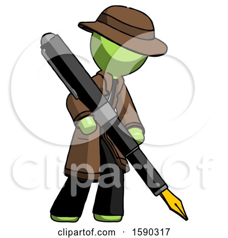 Green Detective Man Drawing or Writing with Large Calligraphy Pen by Leo Blanchette