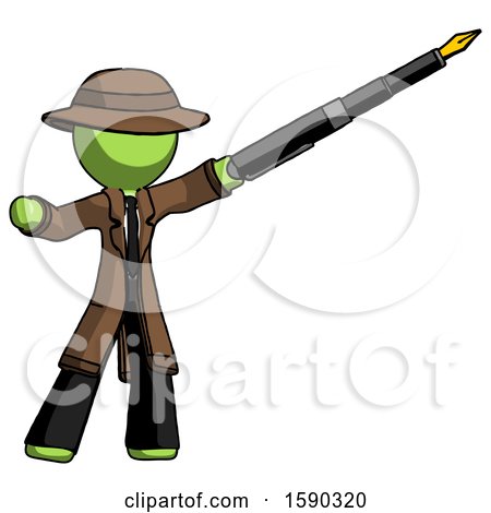 Green Detective Man Pen Is Mightier Than the Sword Calligraphy Pose by Leo Blanchette