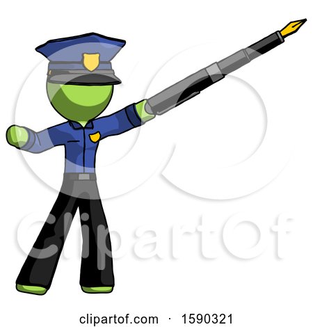 Green Police Man Pen Is Mightier Than the Sword Calligraphy Pose by Leo Blanchette