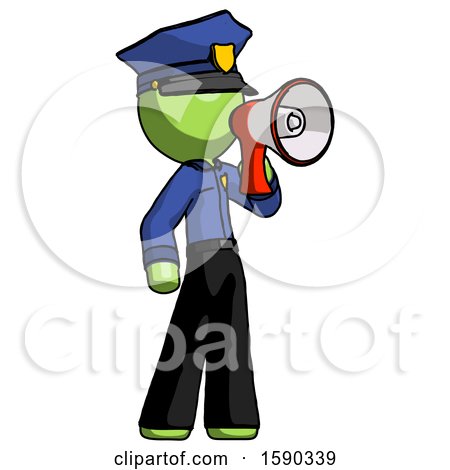 Green Police Man Shouting into Megaphone Bullhorn Facing Right by Leo Blanchette
