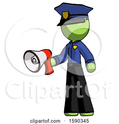 Green Police Man Holding Megaphone Bullhorn Facing Right by Leo Blanchette