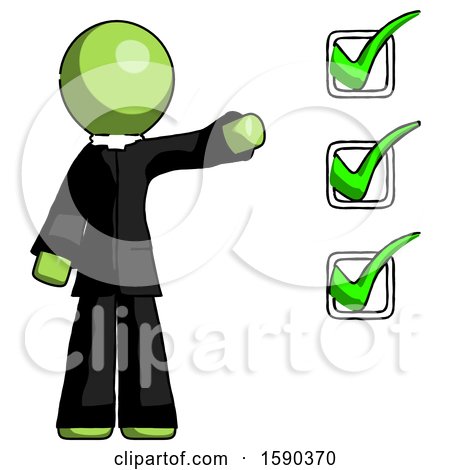 Green Clergy Man Standing by List of Checkmarks by Leo Blanchette