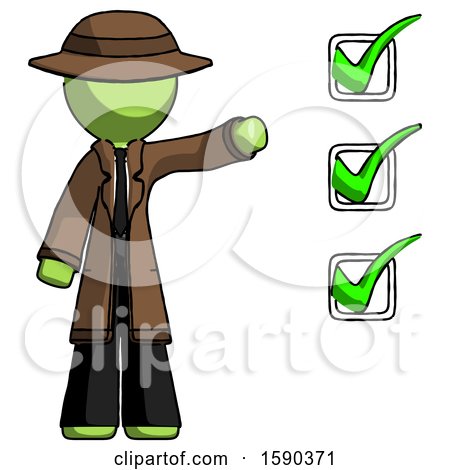 Green Detective Man Standing by List of Checkmarks by Leo Blanchette