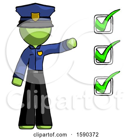 Green Police Man Standing by List of Checkmarks by Leo Blanchette