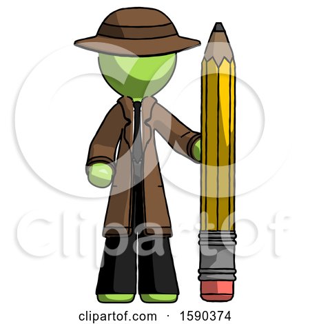Green Detective Man with Large Pencil Standing Ready to Write by Leo Blanchette