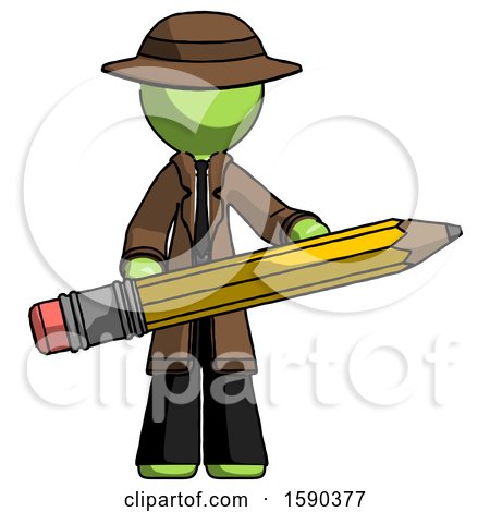 Green Detective Man Writer or Blogger Holding Large Pencil by Leo Blanchette