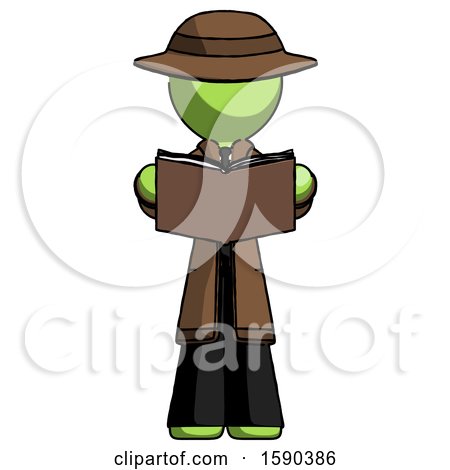 Green Detective Man Reading Book While Standing up Facing Viewer by Leo Blanchette