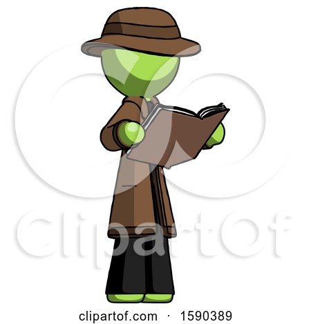 Green Detective Man Reading Book While Standing up Facing Away by Leo Blanchette
