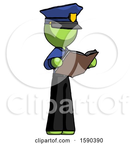 Green Police Man Reading Book While Standing up Facing Away by Leo Blanchette