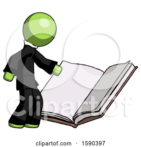 Green Clergy Man Reading Big Book While Standing Beside It by Leo Blanchette