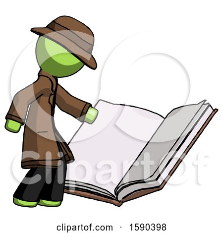 Green Detective Man Reading Big Book While Standing Beside It by Leo Blanchette