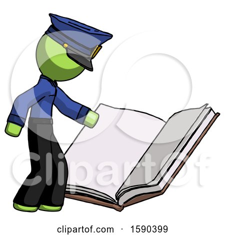 Green Police Man Reading Big Book While Standing Beside It by Leo Blanchette
