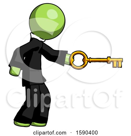 Green Clergy Man with Big Key of Gold Opening Something by Leo Blanchette