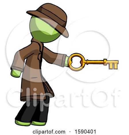 Green Detective Man with Big Key of Gold Opening Something by Leo Blanchette