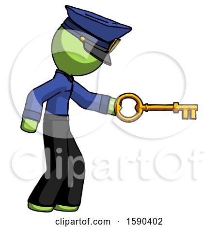Green Police Man with Big Key of Gold Opening Something by Leo Blanchette