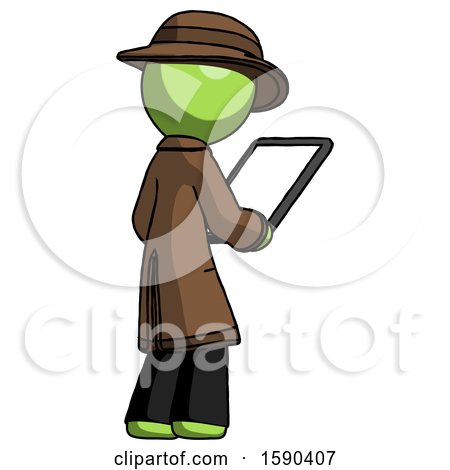 Green Detective Man Looking at Tablet Device Computer Facing Away by Leo Blanchette