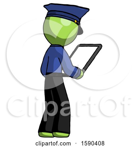 Green Police Man Looking at Tablet Device Computer Facing Away by Leo Blanchette