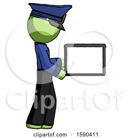 Green Police Man Show Tablet Device Computer to Viewer, Blank Area by Leo Blanchette