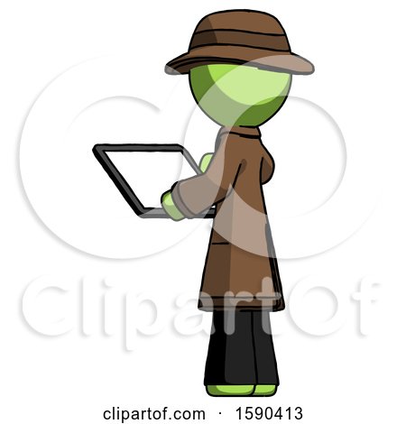 Green Detective Man Looking at Tablet Device Computer with Back to Viewer by Leo Blanchette