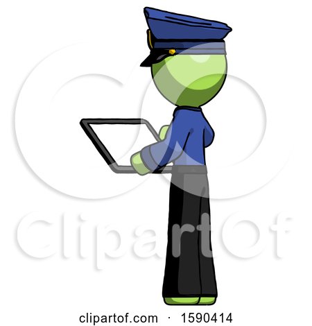 Green Police Man Looking at Tablet Device Computer with Back to Viewer by Leo Blanchette
