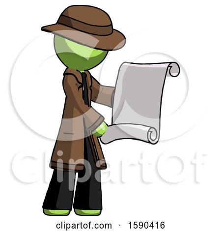Green Detective Man Holding Blueprints or Scroll by Leo Blanchette