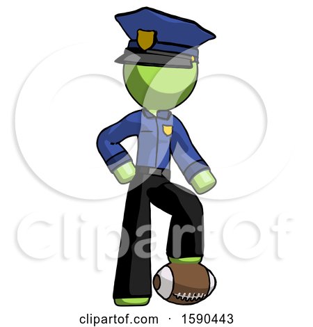 Green Police Man Standing with Foot on Football by Leo Blanchette