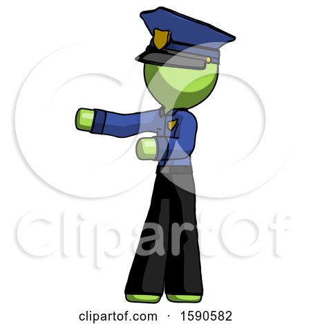 Green Police Man Presenting Something to His Right by Leo Blanchette
