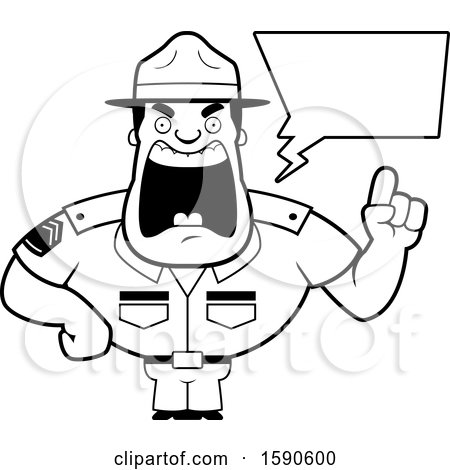 Clipart of a Cartoon Black and White Male Drill Sergeant Holding up a Finger and Yelling - Royalty Free Vector Illustration by Cory Thoman