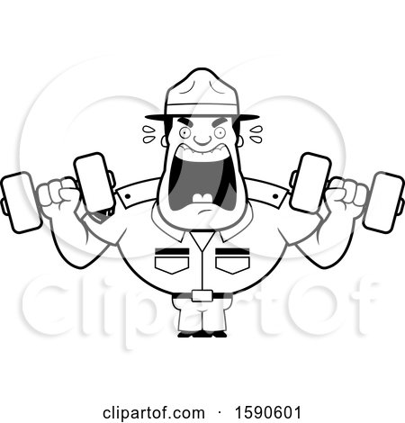 Clipart of a Cartoon Black and White Male Drill Sergeant Shouting and Working out with Dumbbells in Boot Camp - Royalty Free Vector Illustration by Cory Thoman