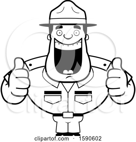 Clipart of a Cartoon Black and White Male Drill Sergeant Holding Two Thumbs up - Royalty Free Vector Illustration by Cory Thoman