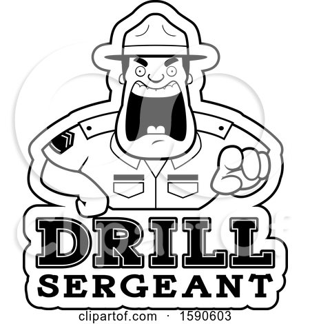 Clipart of a Cartoon Black and White Male Drill Sergeant Shouting and Pointing Outwards over Text - Royalty Free Vector Illustration by Cory Thoman